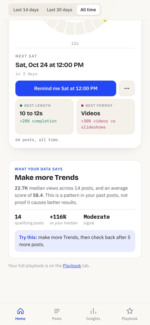 Cadence screen: Set a reminder, see your best length and format